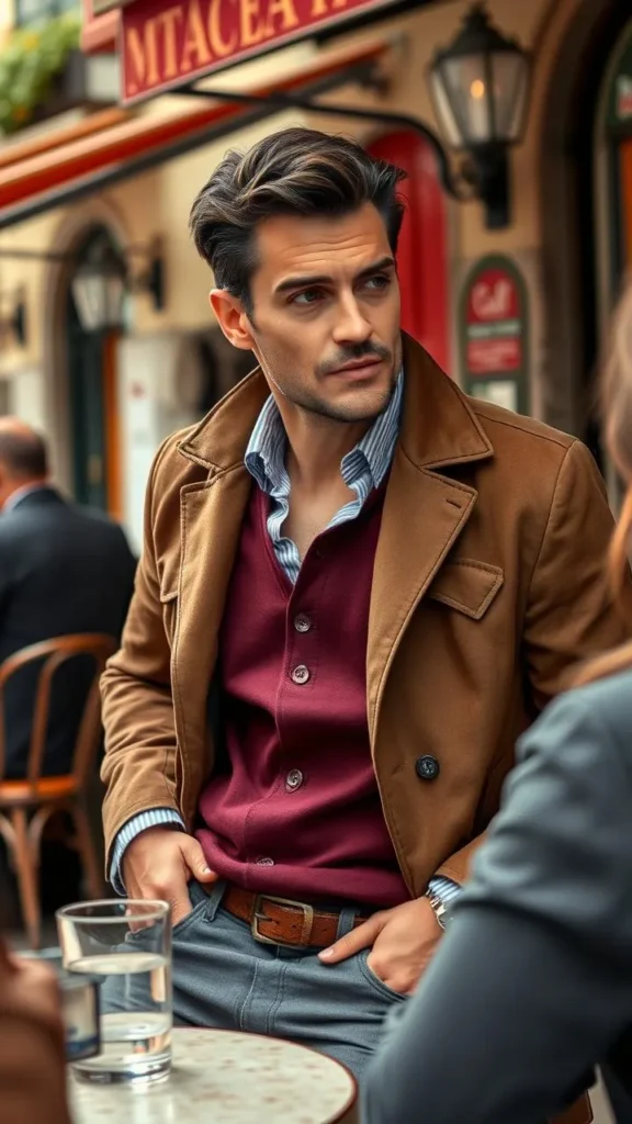 Charming Italian man making eye contact at a European café, representing confidence and attraction.