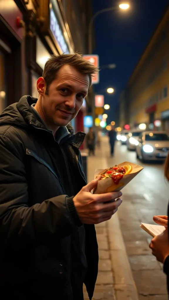  British man offering food on a night out, representing the cultural humor in dating expectations.

