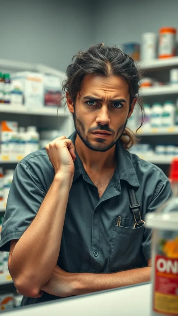 "Pharmacy worker looking stressed at the end of shift"
