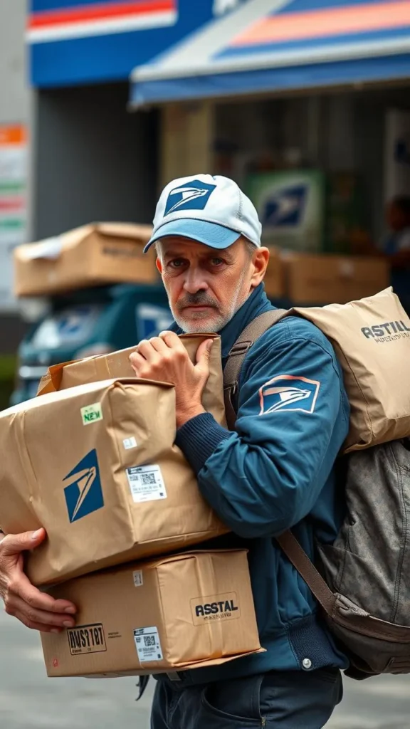 "Tired postal delivery worker carrying parcels on busy route"