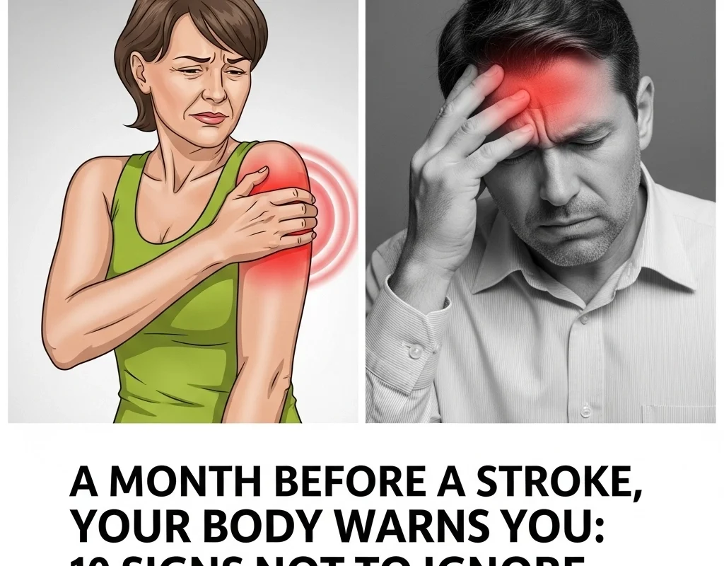 "Man holding his head in pain and woman with shoulder discomfort illustrating early warning signs of a possible stroke"