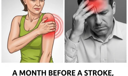 "Man holding his head in pain and woman with shoulder discomfort illustrating early warning signs of a possible stroke"