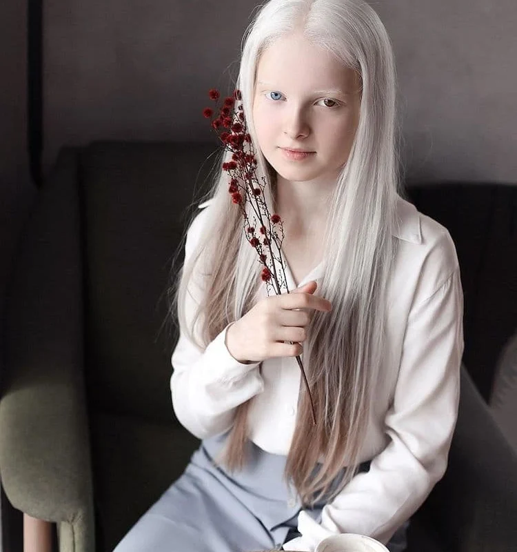 A young girl with long white hair and different-colored eyes sitting at a café table, holding a branch with red flowers.