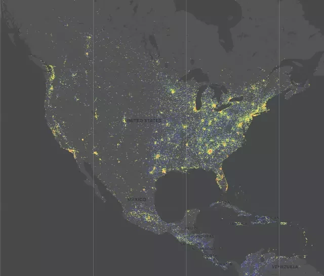 The map shows the building density of the US